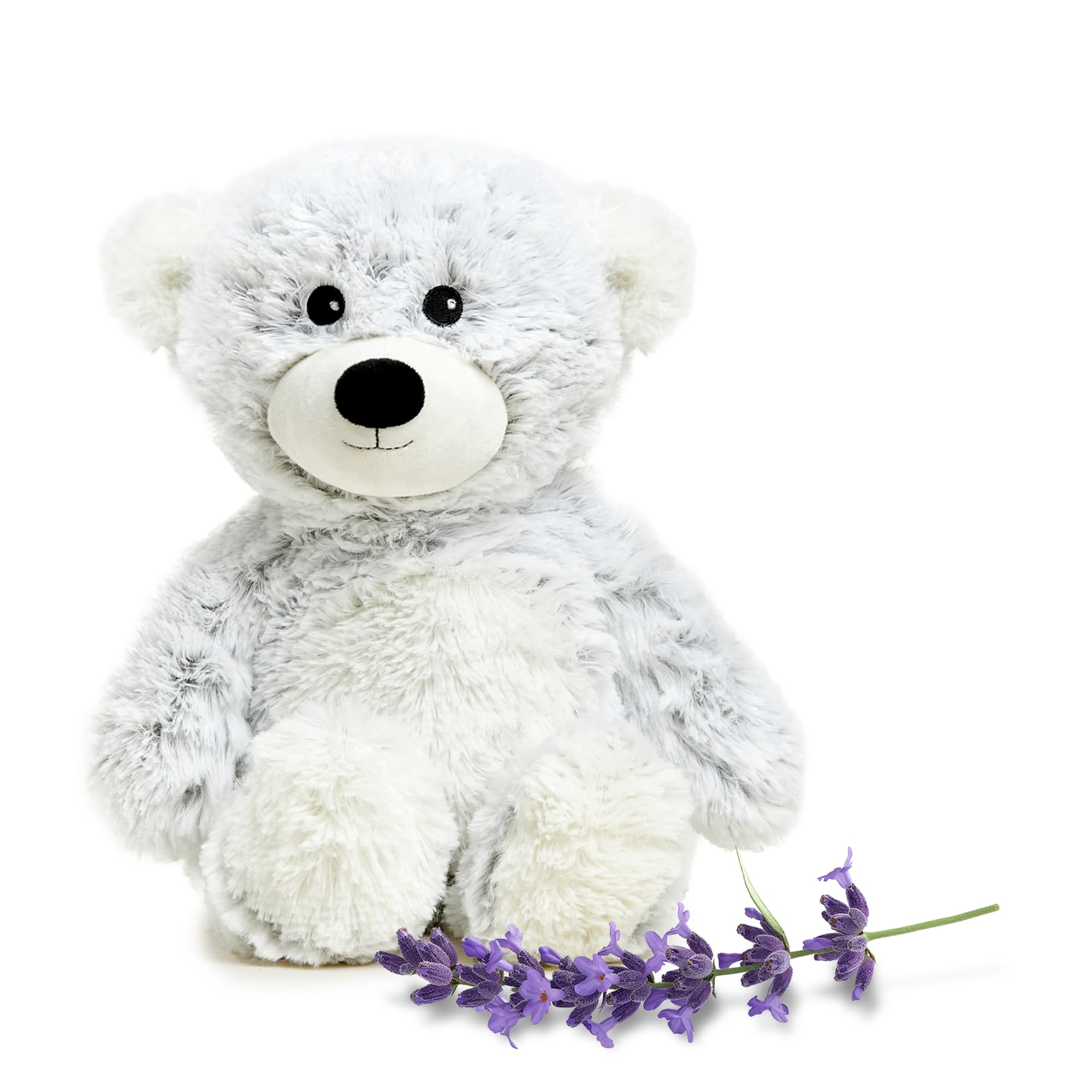 Warmies gray bear front view, microwavable plush for comforting warmth.