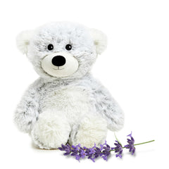 Warmies gray bear front view, microwavable plush for comforting warmth.