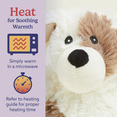 Warmies Puppy microwaved heat delivers rapid comforting warmth.