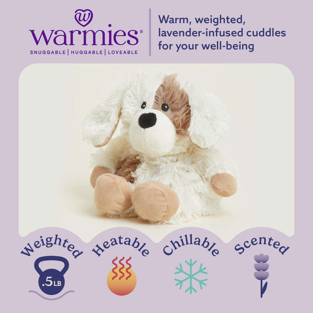 Warmies Puppy weighted plush offers calming heft for soothing moments.
