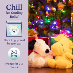 Warmies Snoopy cooling in freezer for refreshing cool touch.
