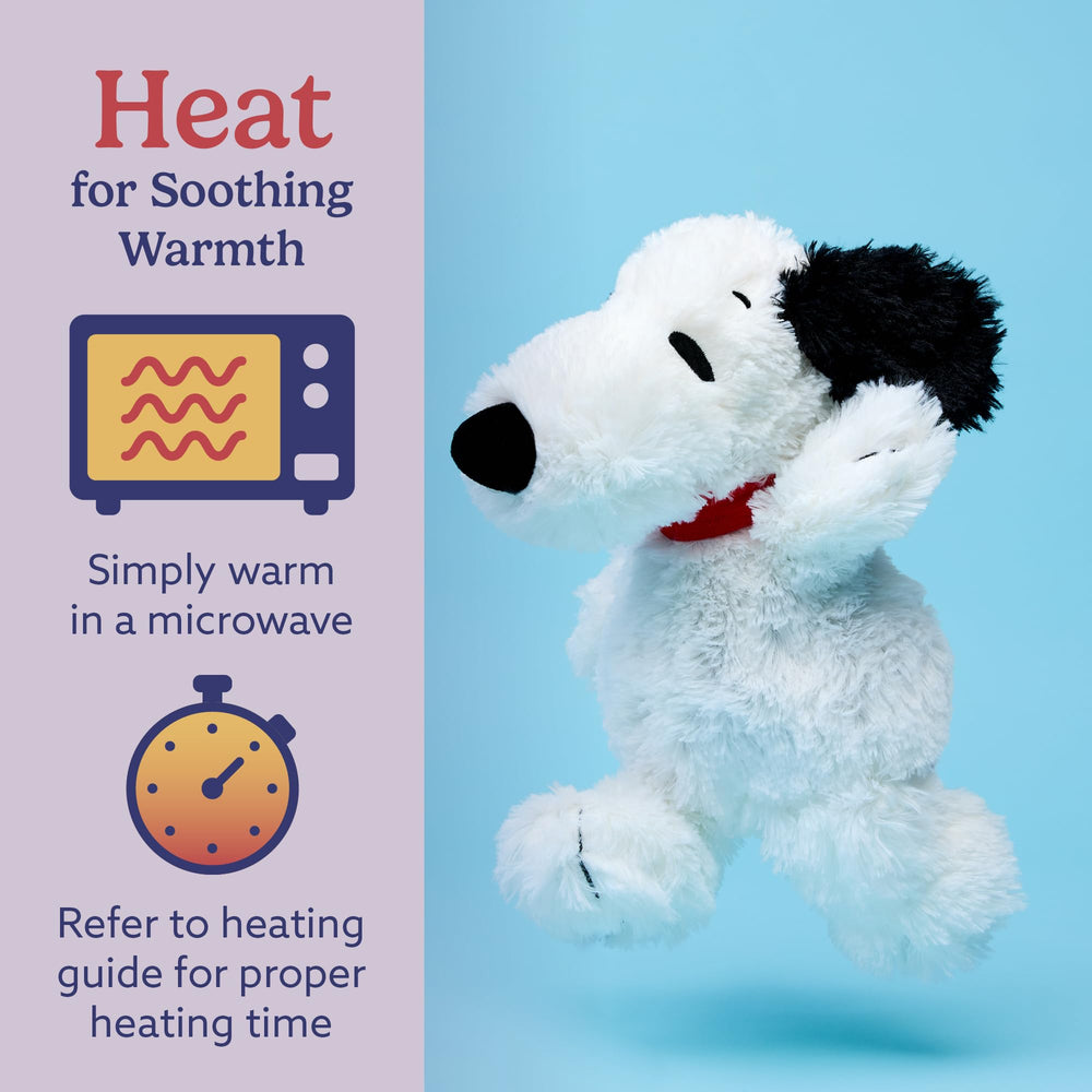 Warmies Snoopy heat in microwave for quick comforting warmth.