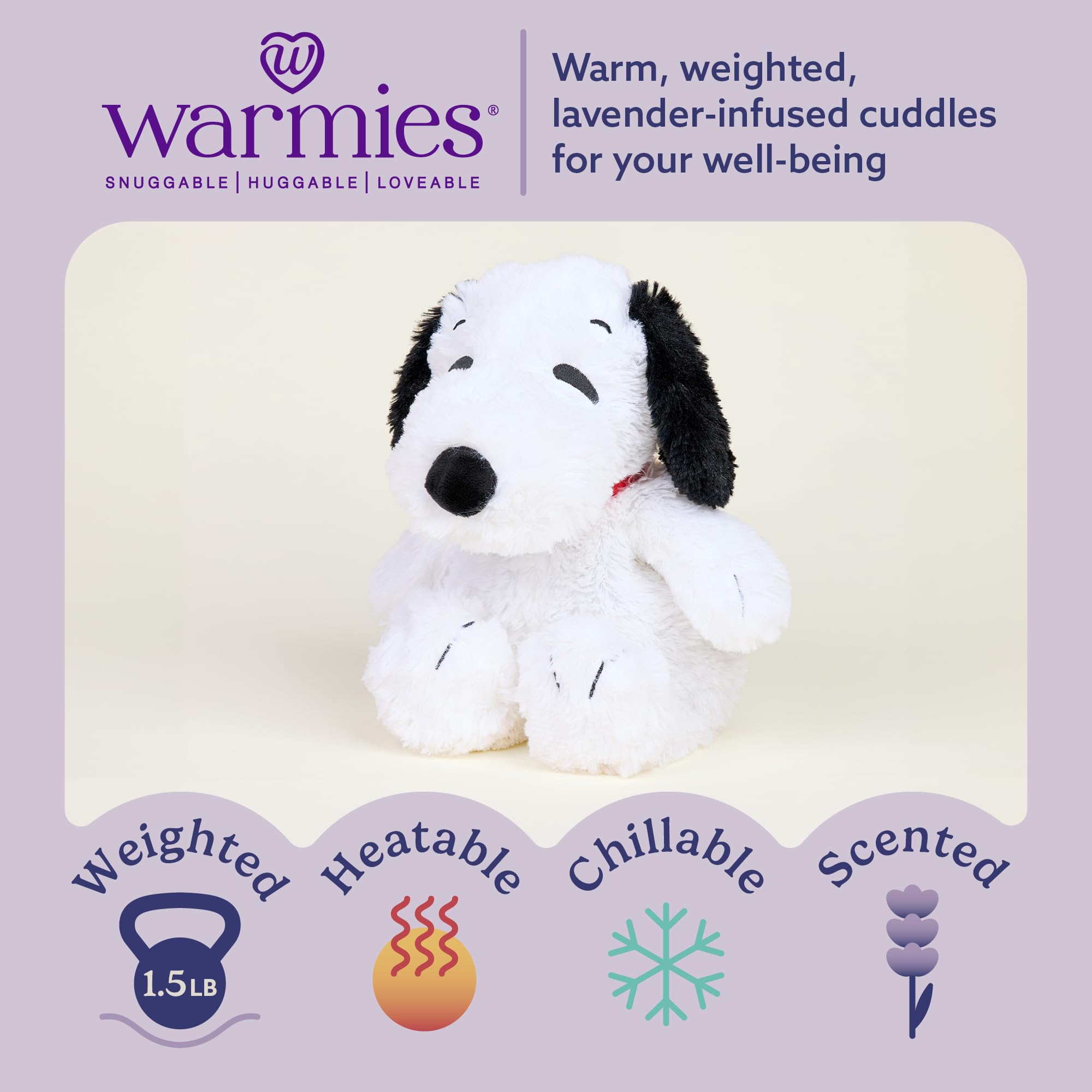 Warmies Snoopy weighted plush for comforting pressure after a long day.