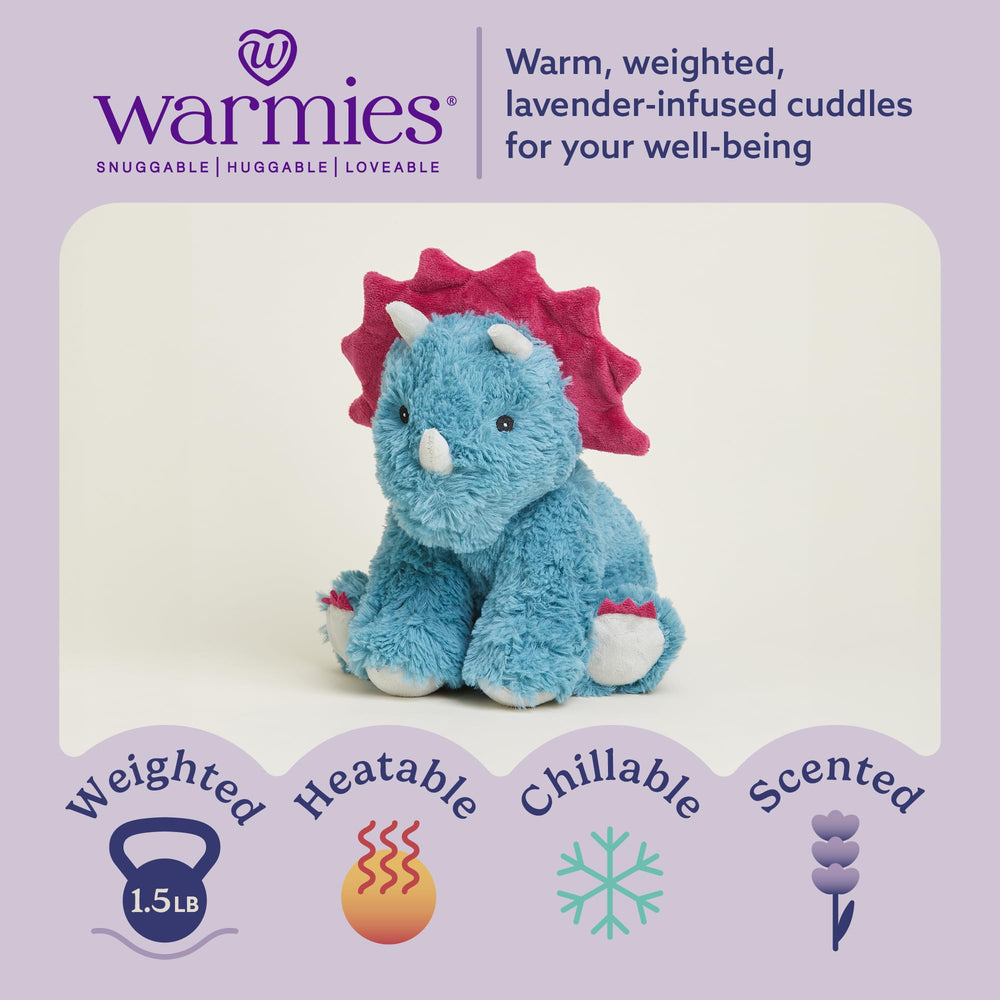 Warmies Triceratops weighted plush delivers comforting pressure for bedtime cuddles.