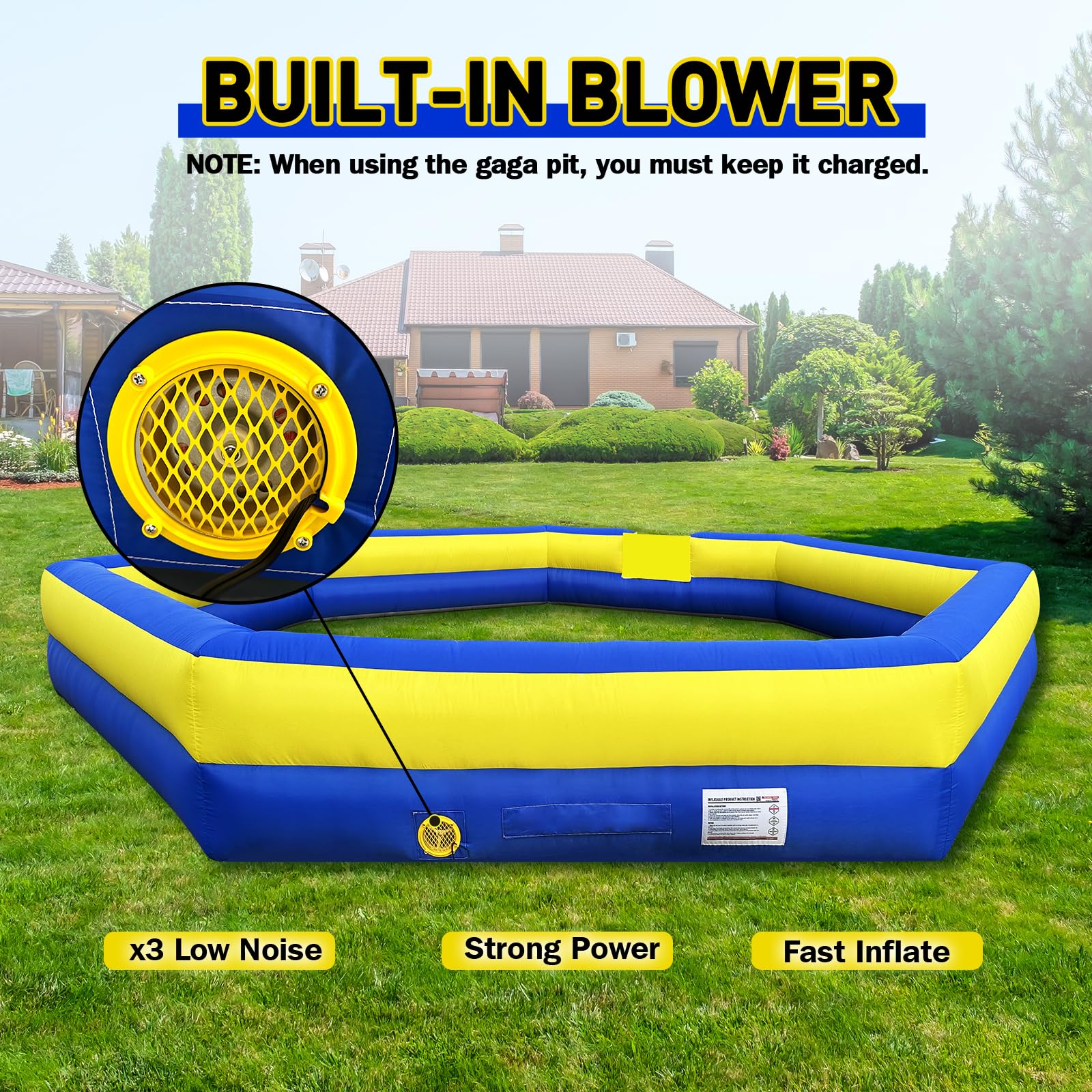 WARSUN 15Ft Gaga Ball Pit built-in fan for quick inflation and ongoing play