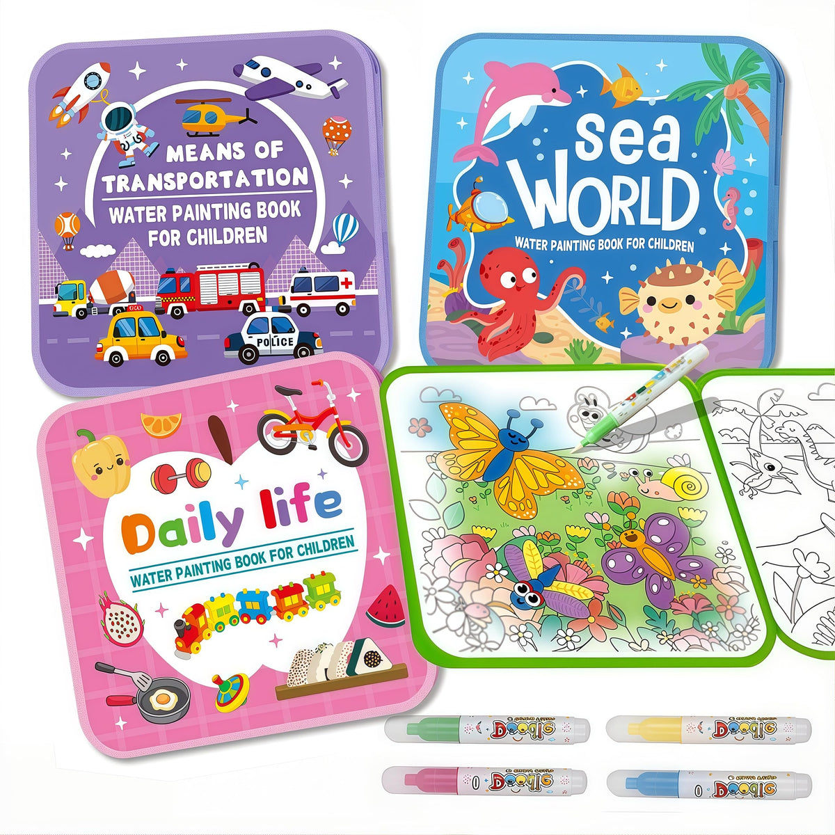 Water Painting Book for Kids daily life pack: mess-free color reveal with water.