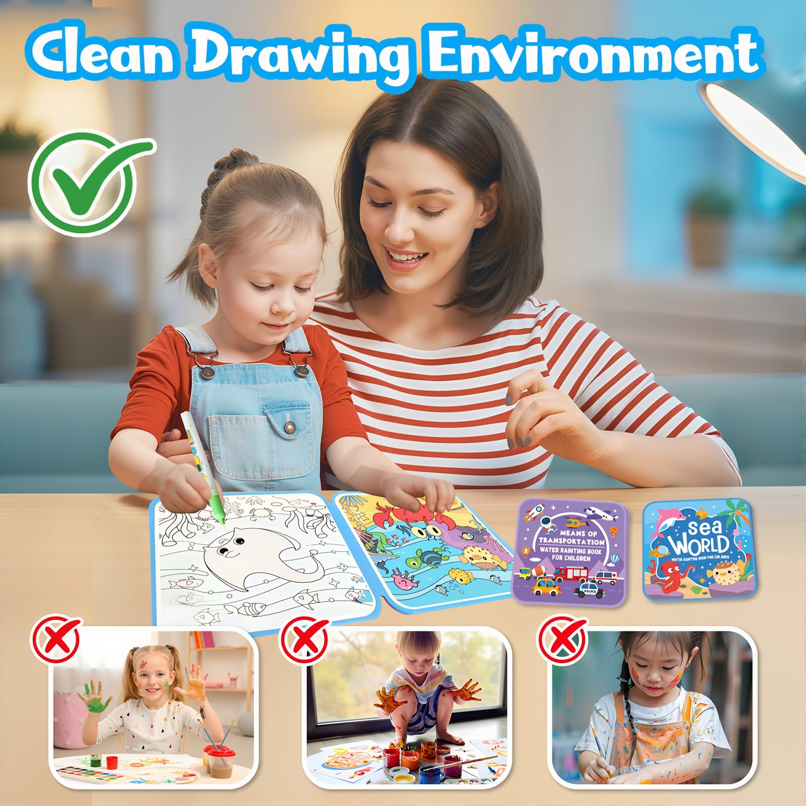 Water Painting Book for Kids easy-grip water brushes included facilitate smooth painting.
