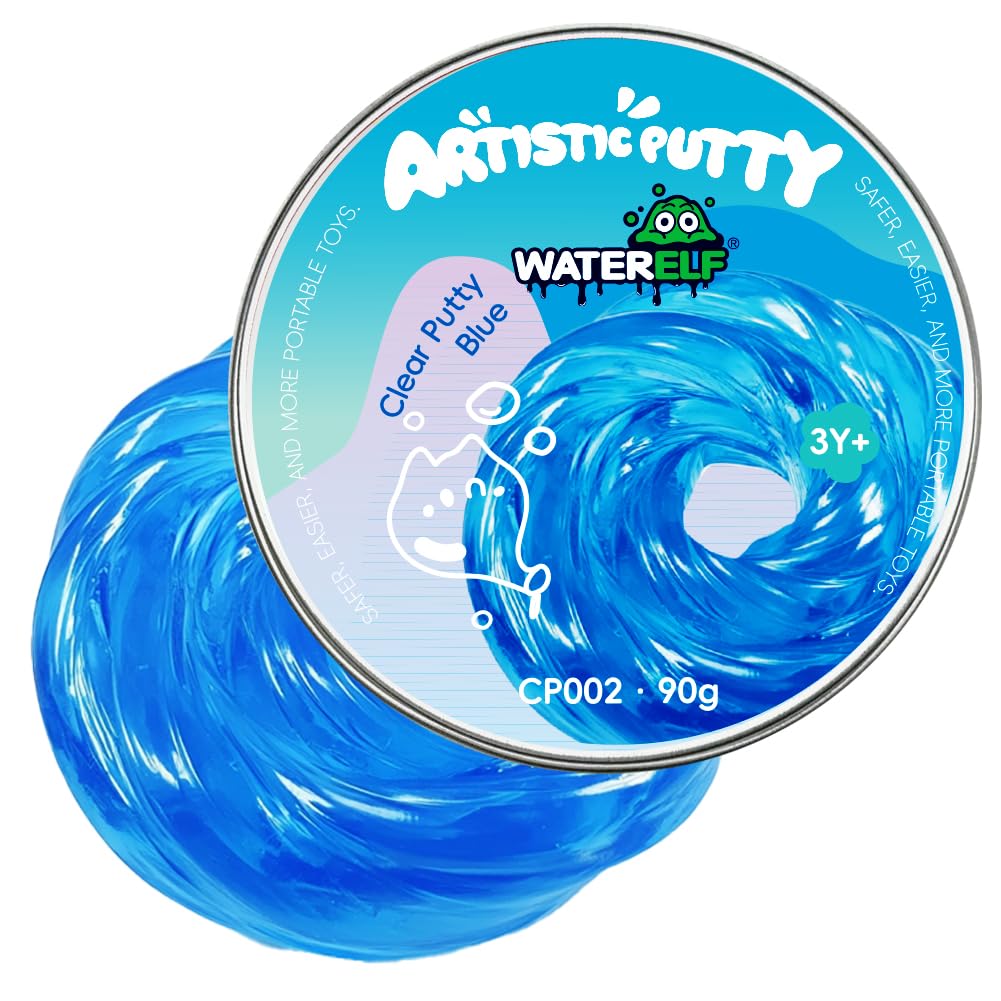 WaterELF blue putty tin front shows tactile play and calm focus.