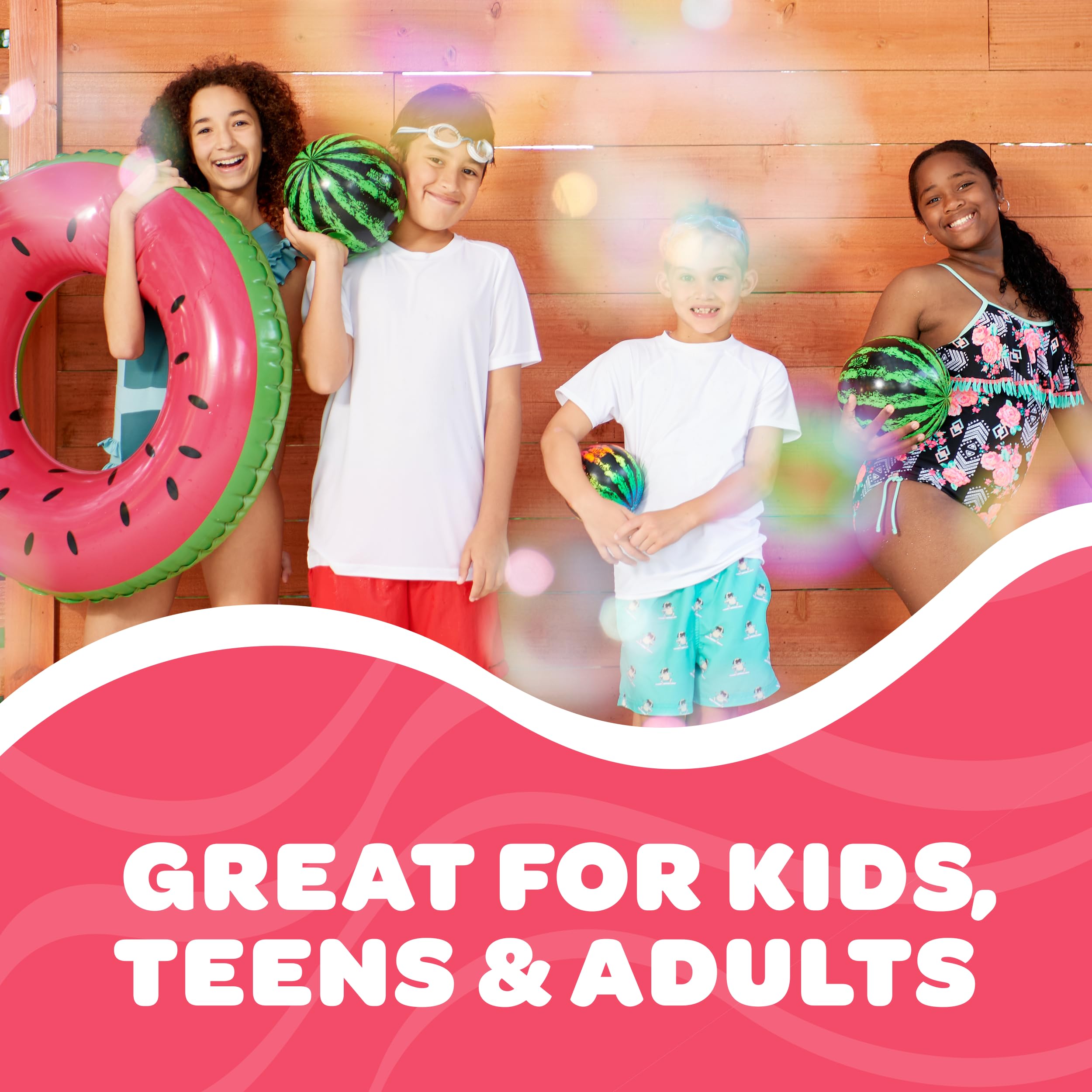 Watermelon Ball Lit creates vibrant family moments during dusk swims.