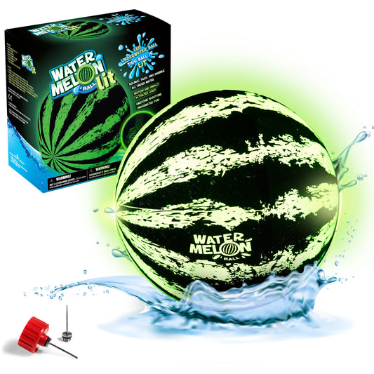 Watermelon Ball Lit glows at night for captivating pool play and easy sighting.