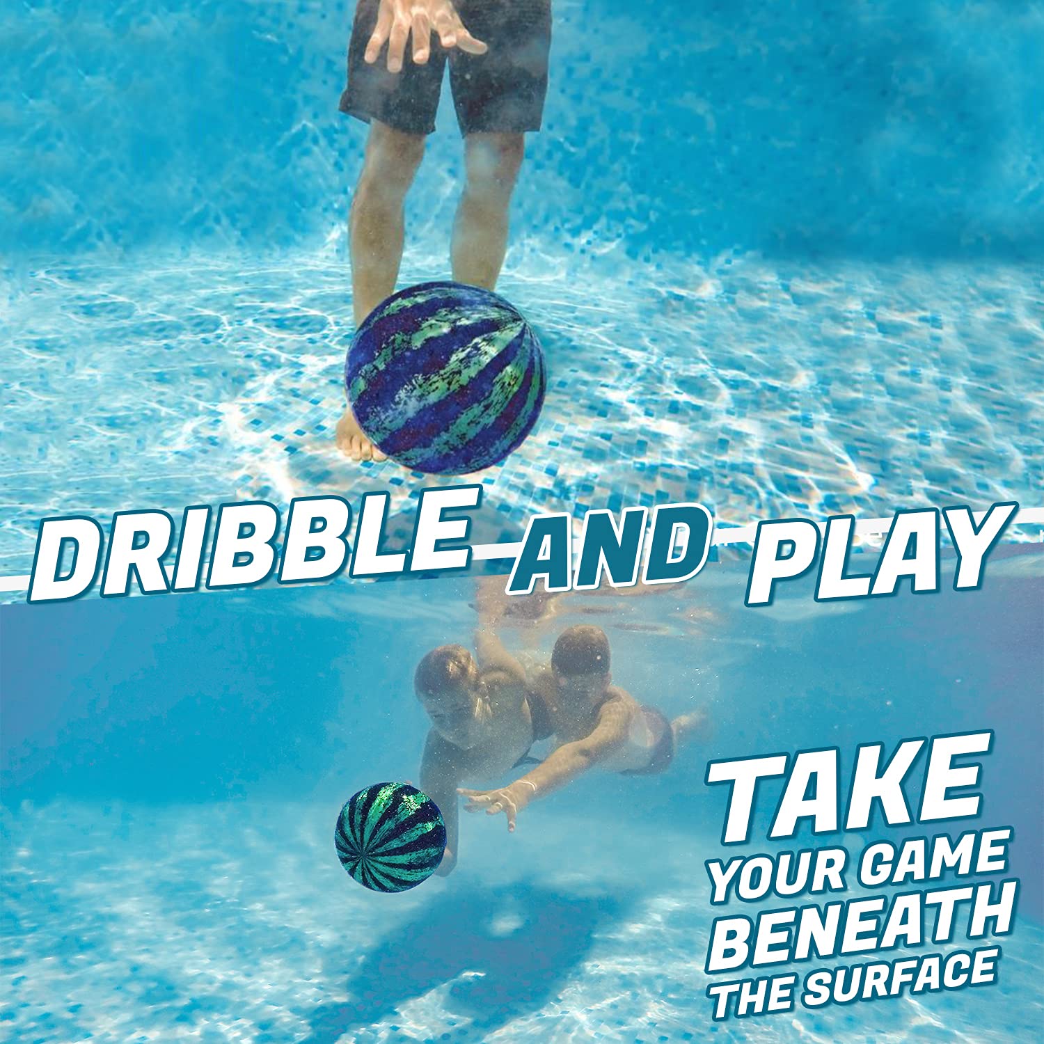 Watermelon Ball being dribbled underwater for dynamic water polo-style fun.