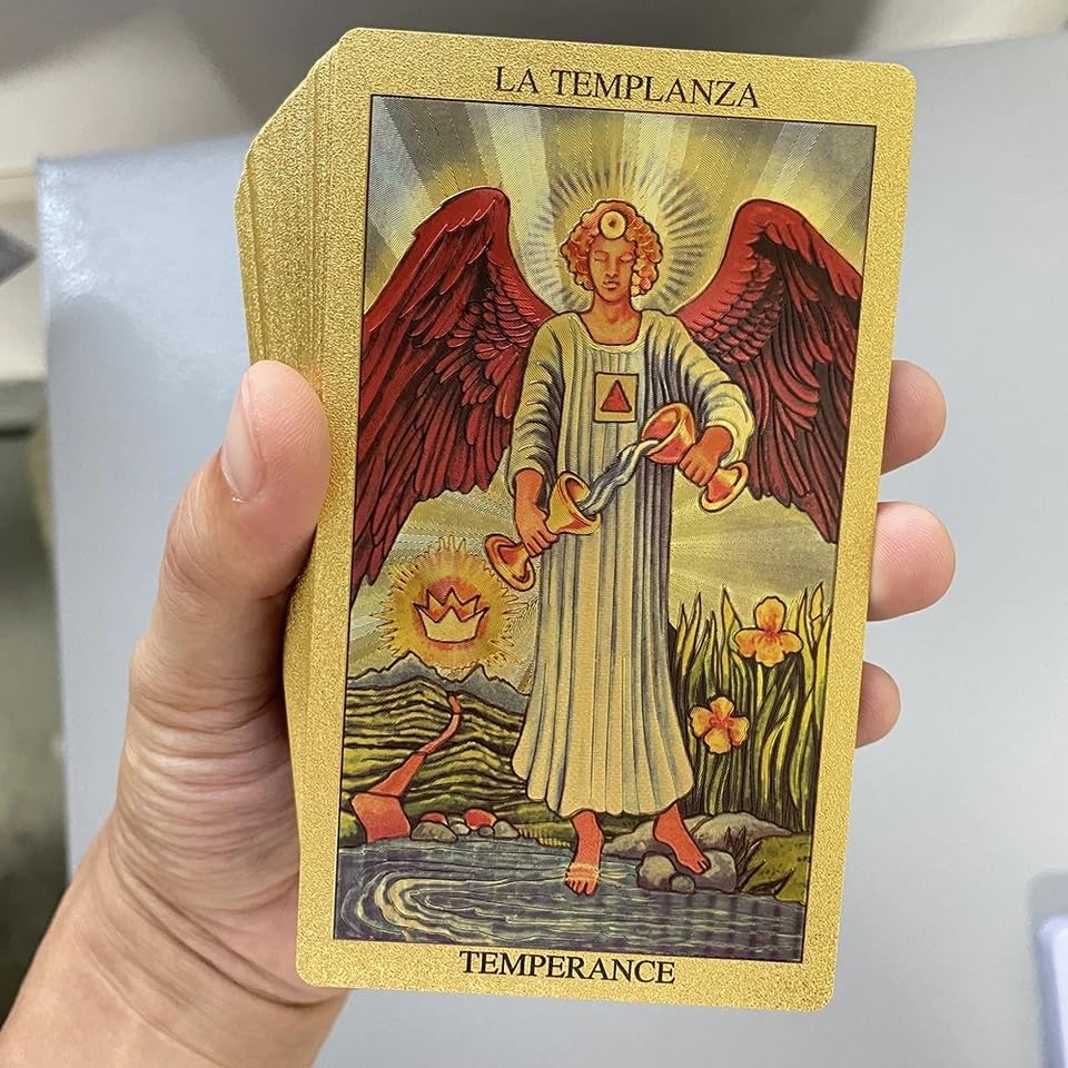 Spanish and English Golden Foil Tarot Deck waterproof PVC construction for daily use.