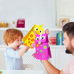 Watinc colorful puppets characters in a bright classroom setting.