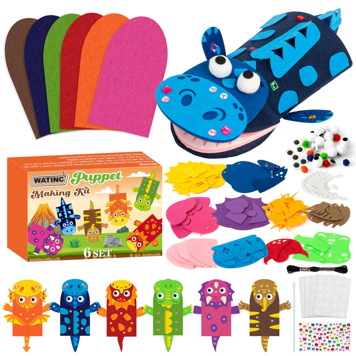 WATINC Dinosaurs Hand Puppet Kit with six puppets for imaginative storytelling.