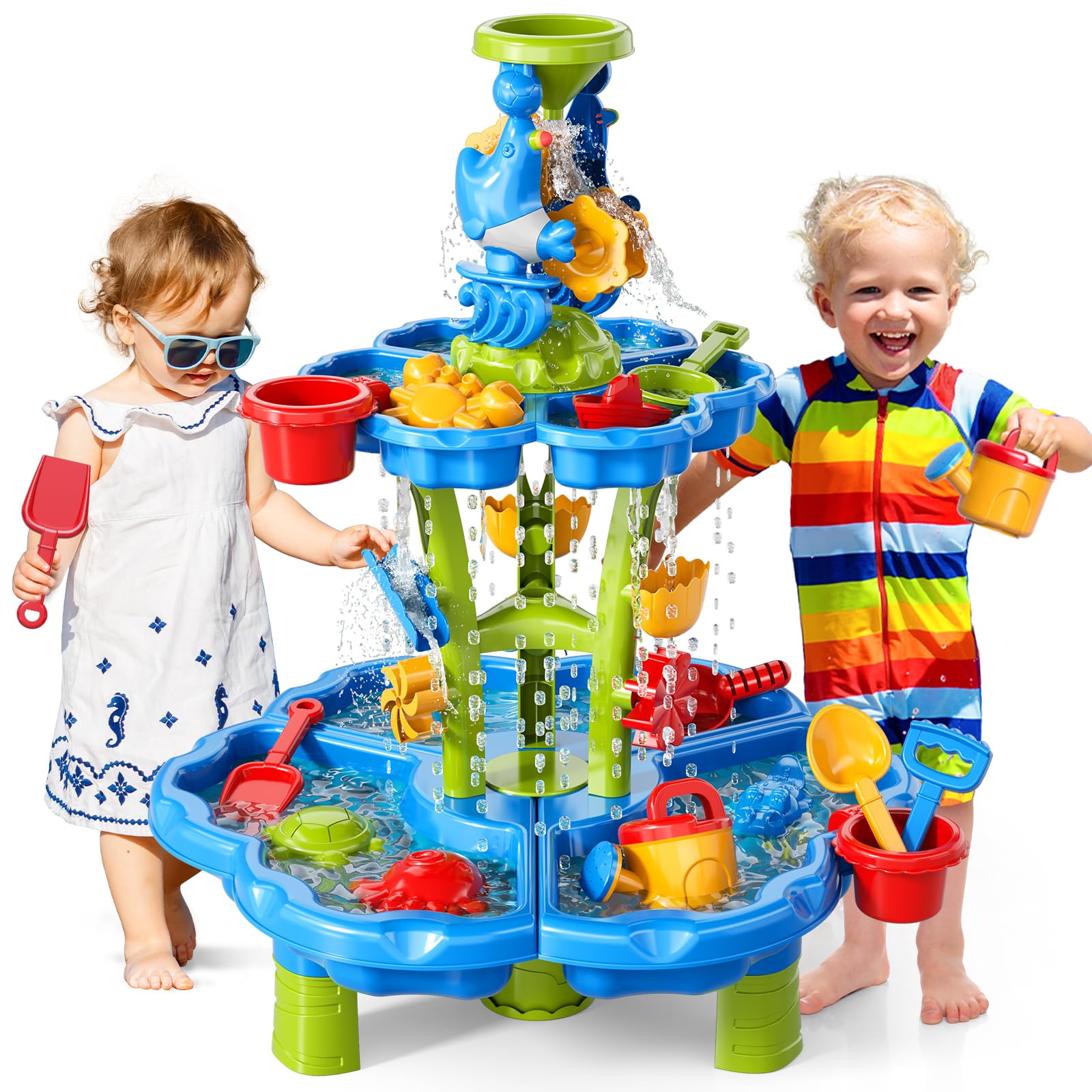 Watudou 3-in-1 water table top view with interactive channels for imaginative play.