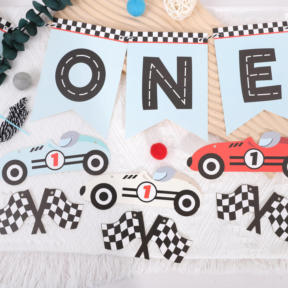 WAUAO Racing 1st Birthday banner detail highlights theme