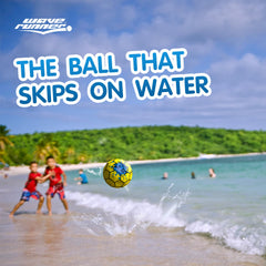 Galaxy Bounce Ball skipping on water during a sunny day