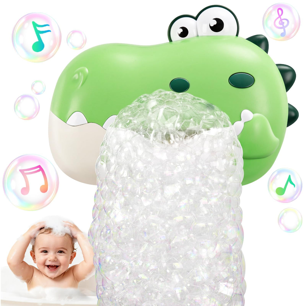 WAVISA baby bath toy dinosaur bubble machine in green ready to fill tubs with bubbles