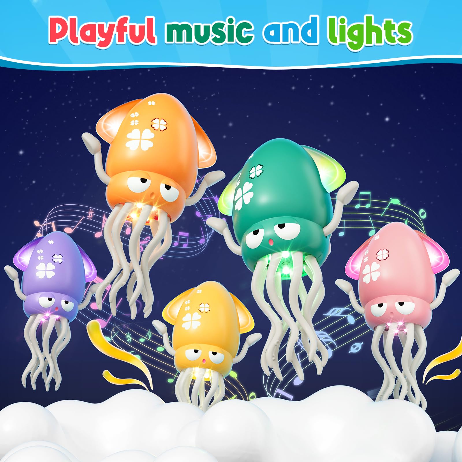 WAVISA Dancing Squid shows colorful lights and music to stimulate baby perception and curiosity.