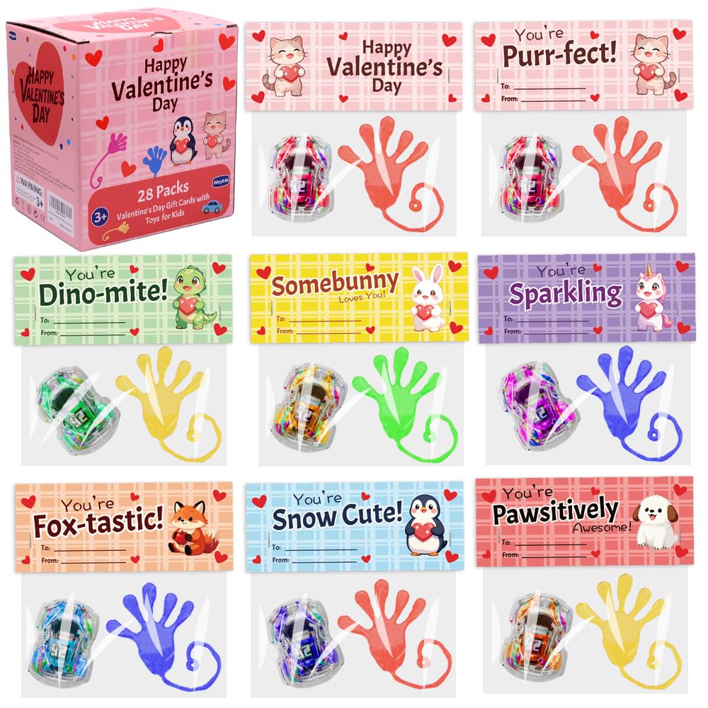 Waybla kitten Valentine card with sticky hand toy for classroom fun