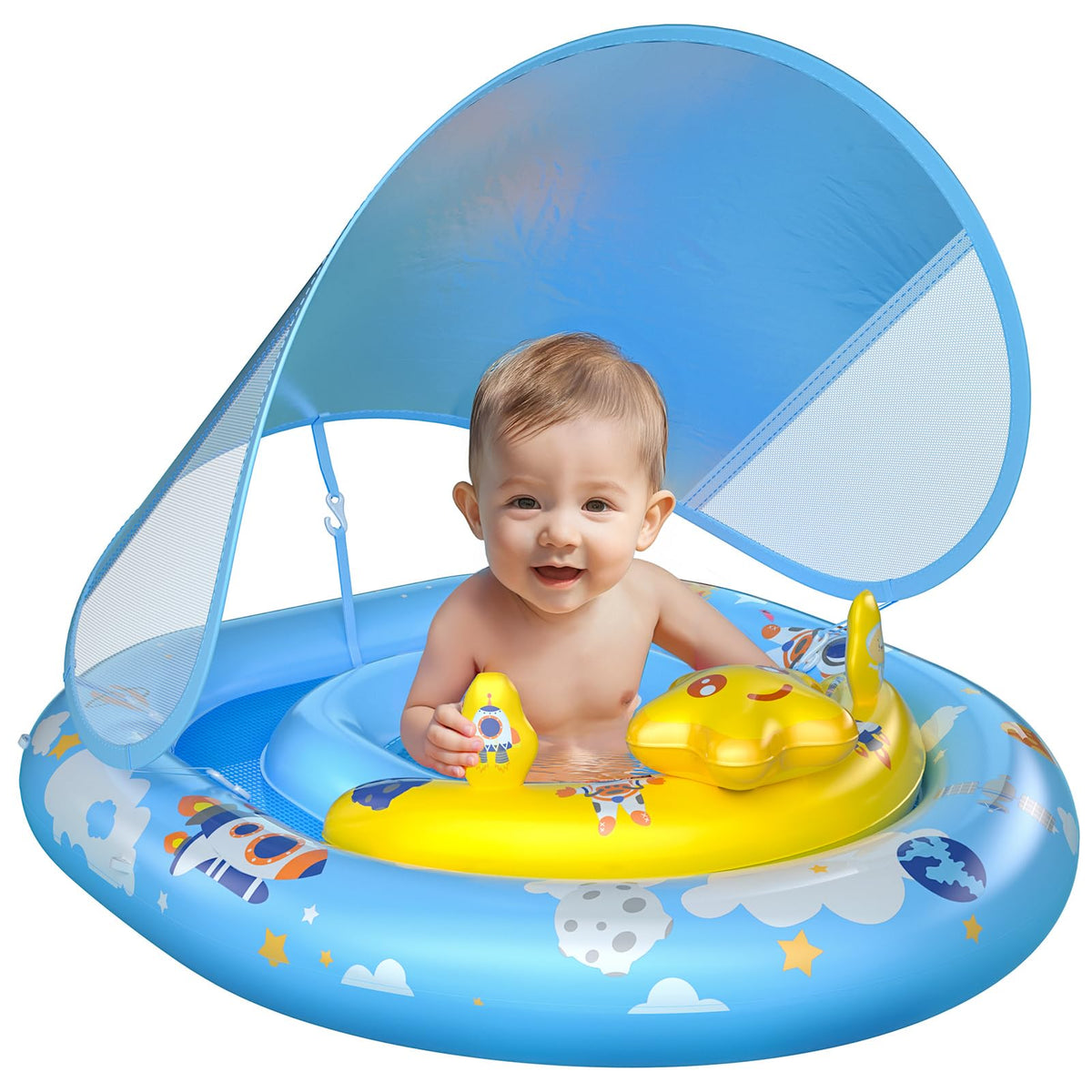 WayEee baby pool float canopy shields skin with UPF50+ sun protection during water play.