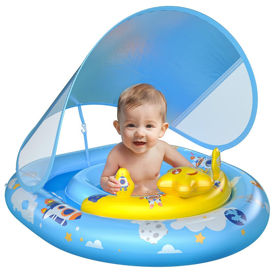 WayEee baby pool float canopy shields skin with UPF50+ sun protection during water play.