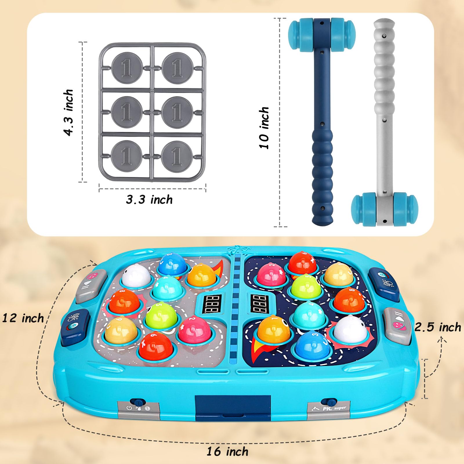WAYKEE Whack a Game Mole balls light up for a colorful sensory experience.