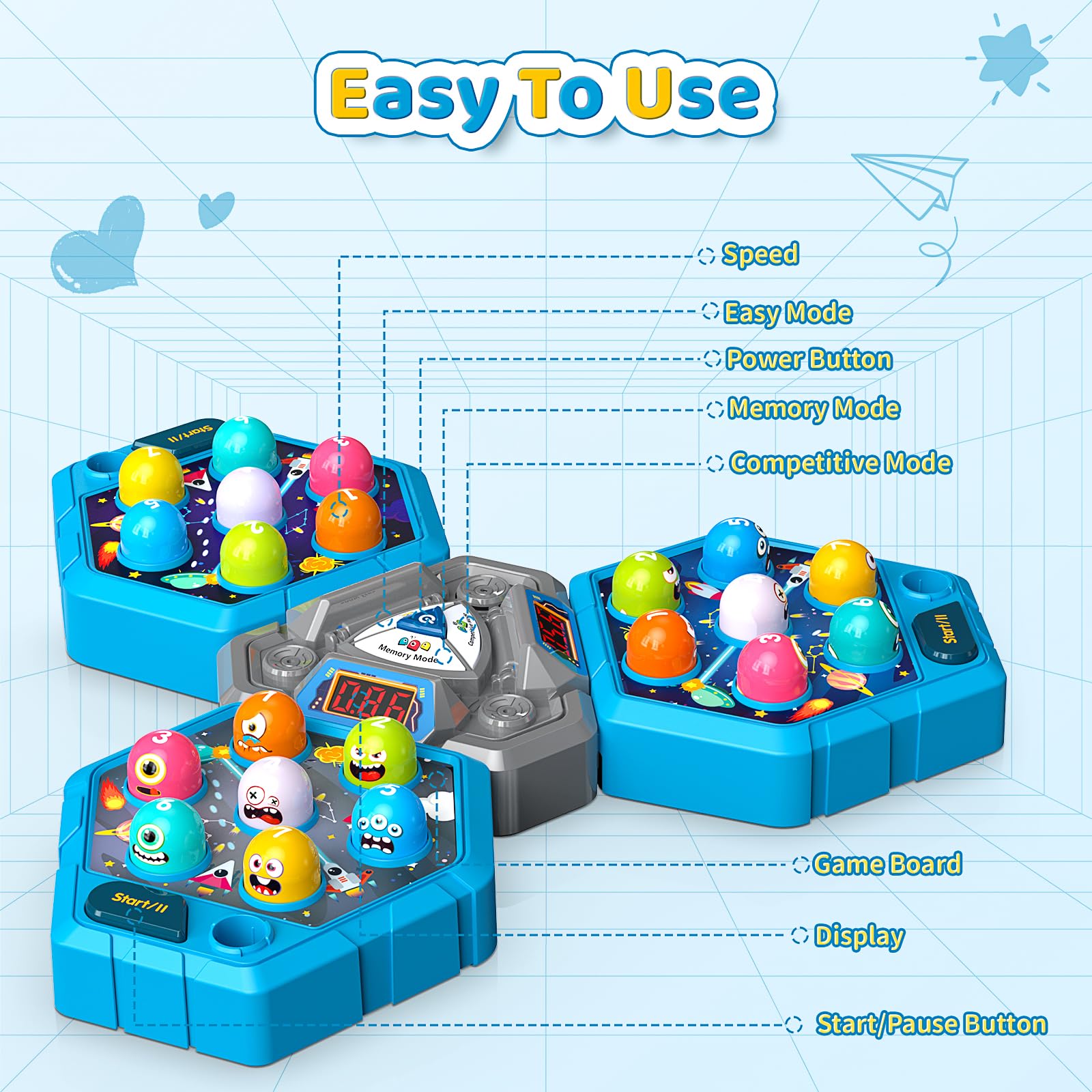 Waykee Whack a Game Mole lights and sounds boost playtime fun.