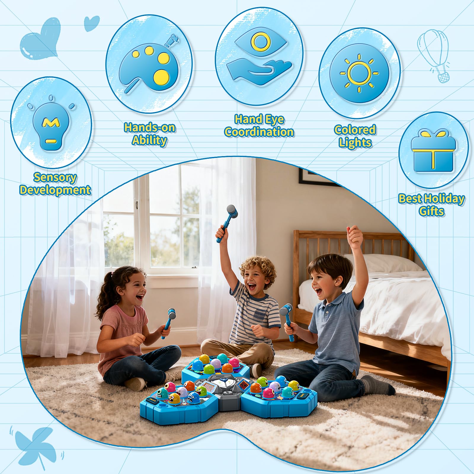 Waykee Whack a Game Mole play area 13.39 inches square supports group fun.