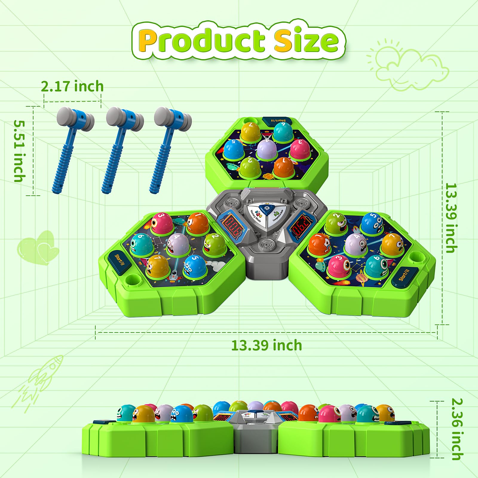 WAYKEE Whack Game Mole 13-39 inch arena showing ample play space.
