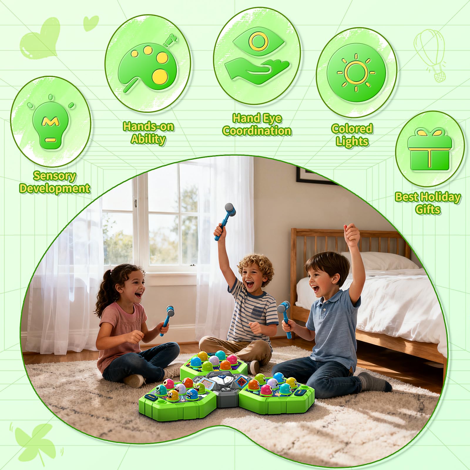 WAYKEE Whack Game Mole score displays track rounds for multiple players.