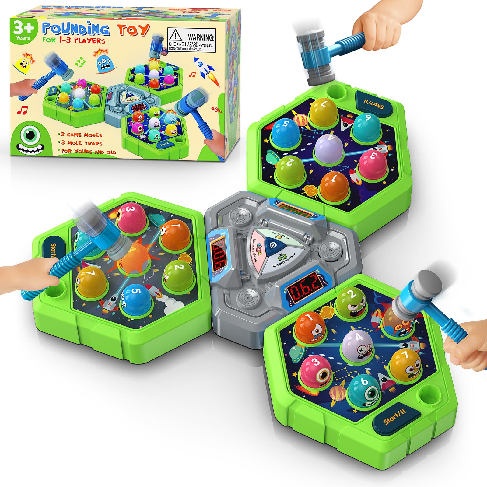 WAYKEE Whack Game Mole setup boosts cooperative play in a shared 13.39-inch arena.