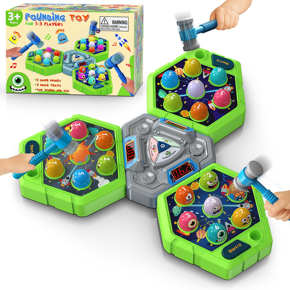 WAYKEE Whack Game Mole setup boosts cooperative play in a shared 13.39-inch arena.