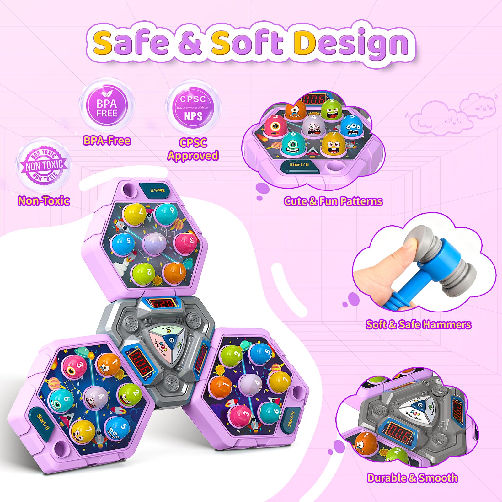 WAYKEE Whack Mole offers three modes and seven speeds for progressive challenge.