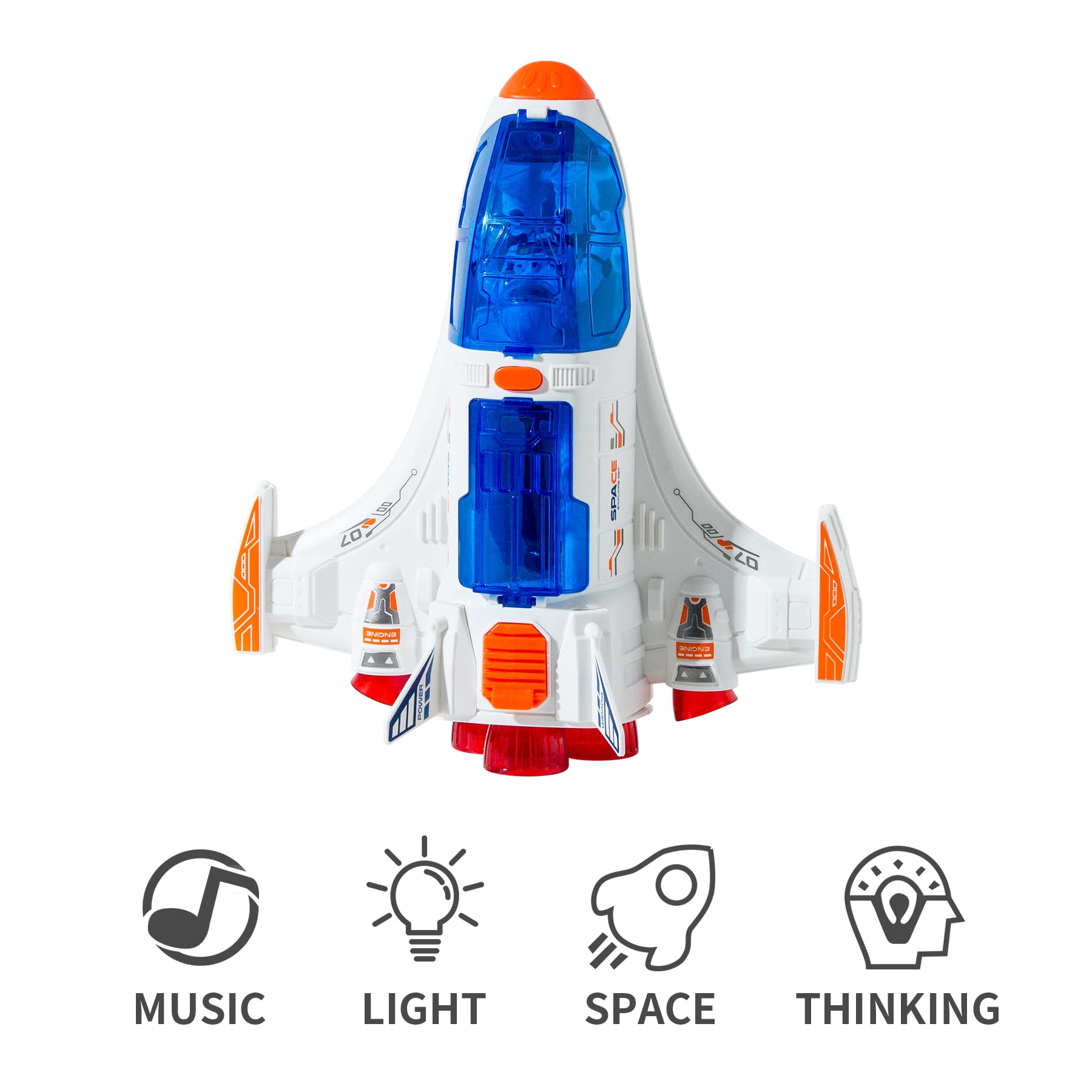 Wbzle Spaceship Shuttle lights and sounds simulate launch moments.