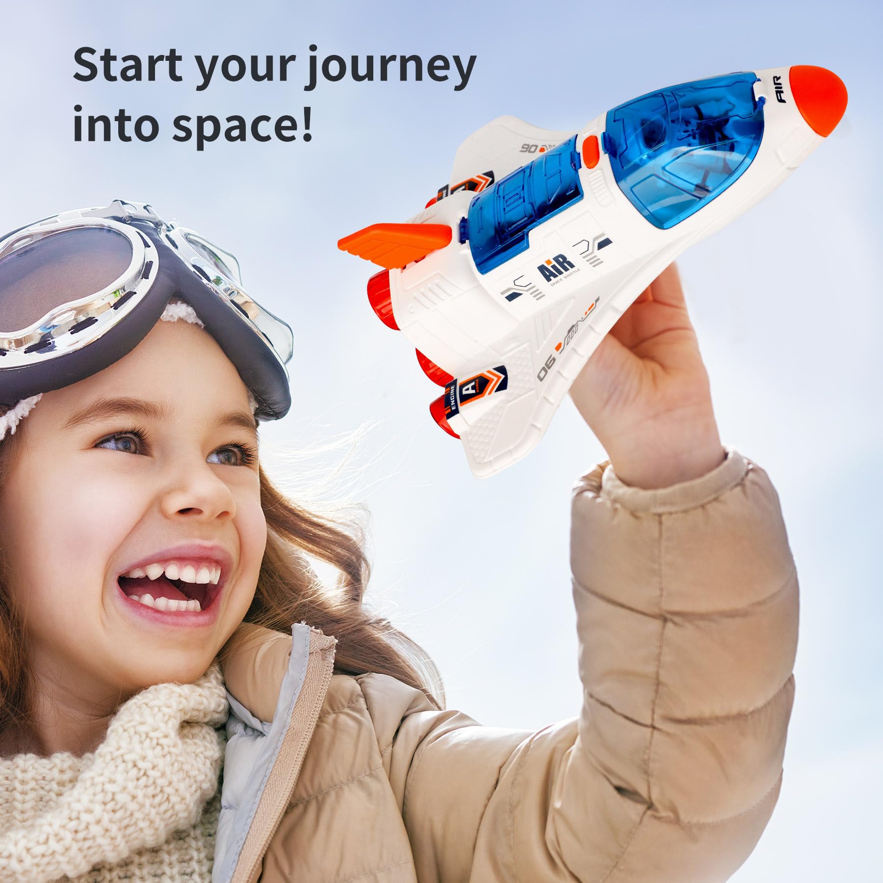 Wbzle Spaceship Shuttle toy lights and sprays simulate a launch scene.