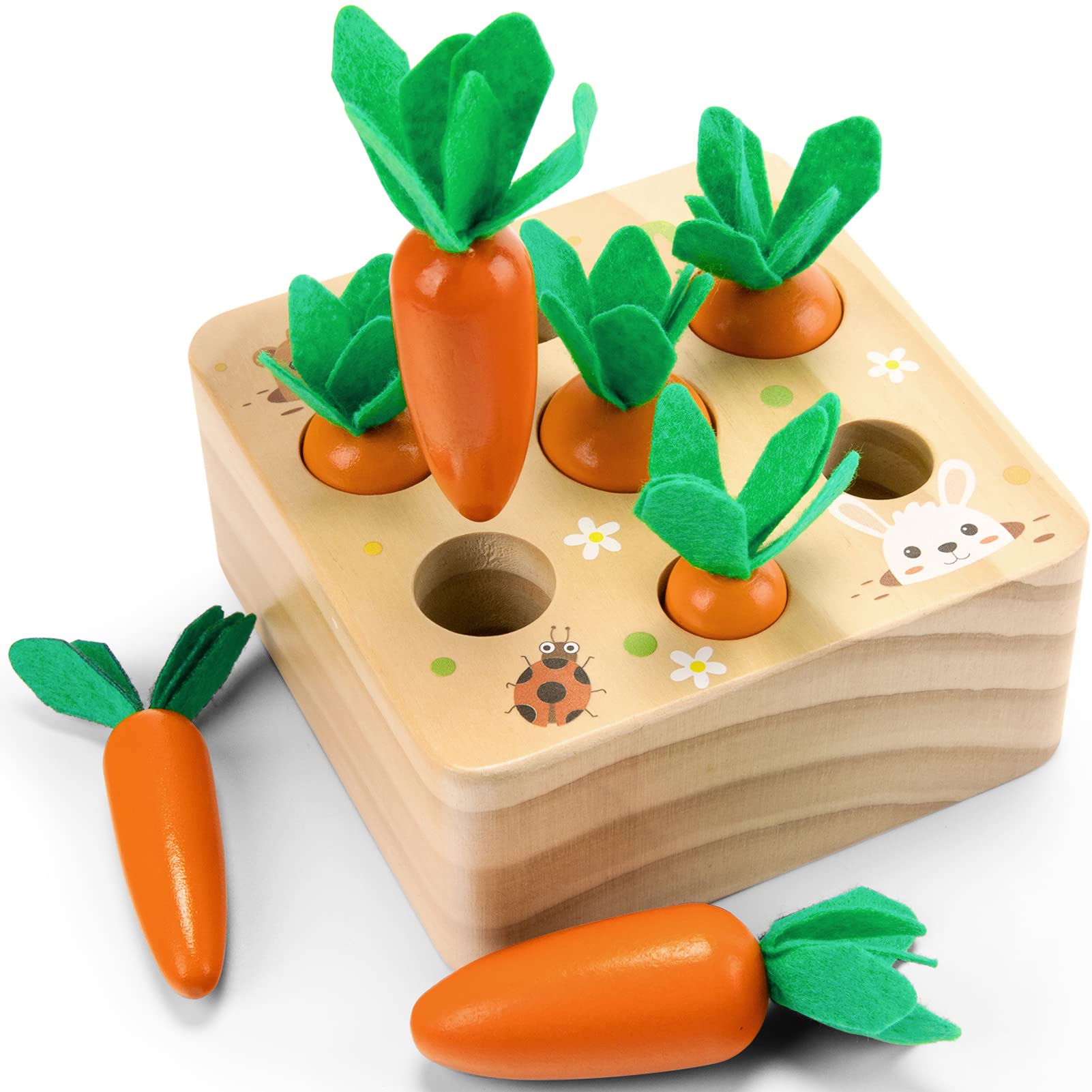 Wdmiya carrot sorter toy in natural pine wood promotes fine motor skills.