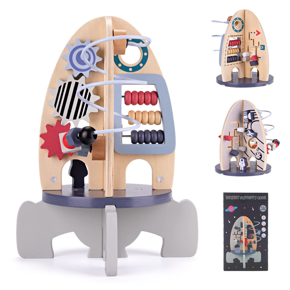 Wdmiya Space rocket activity cube side view highlighting bead maze for fine motor play