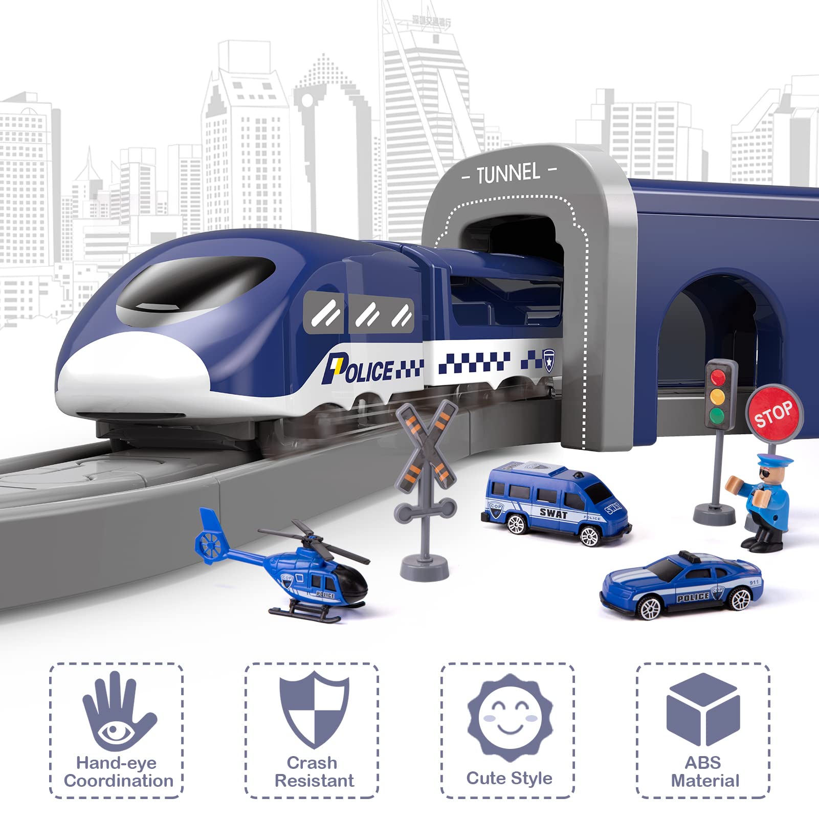 Wdmiya police car on bright tracks for action-filled pretend missions.