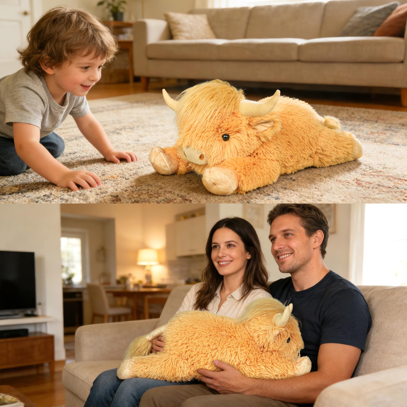 WDXDSOB Highland Cow plush full-bed display as decorative size