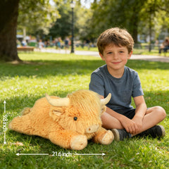 WDXDSOB Highland Cow weighted plush in hand demonstrates comforting heft