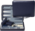 WE Games backgammon set with navy blue leatherette case for travel.