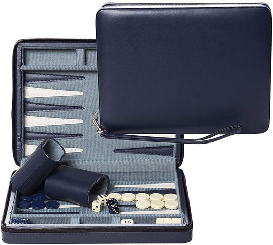 WE Games backgammon set with navy blue leatherette case for travel.