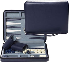 WE Games backgammon set with navy blue leatherette case for travel.
