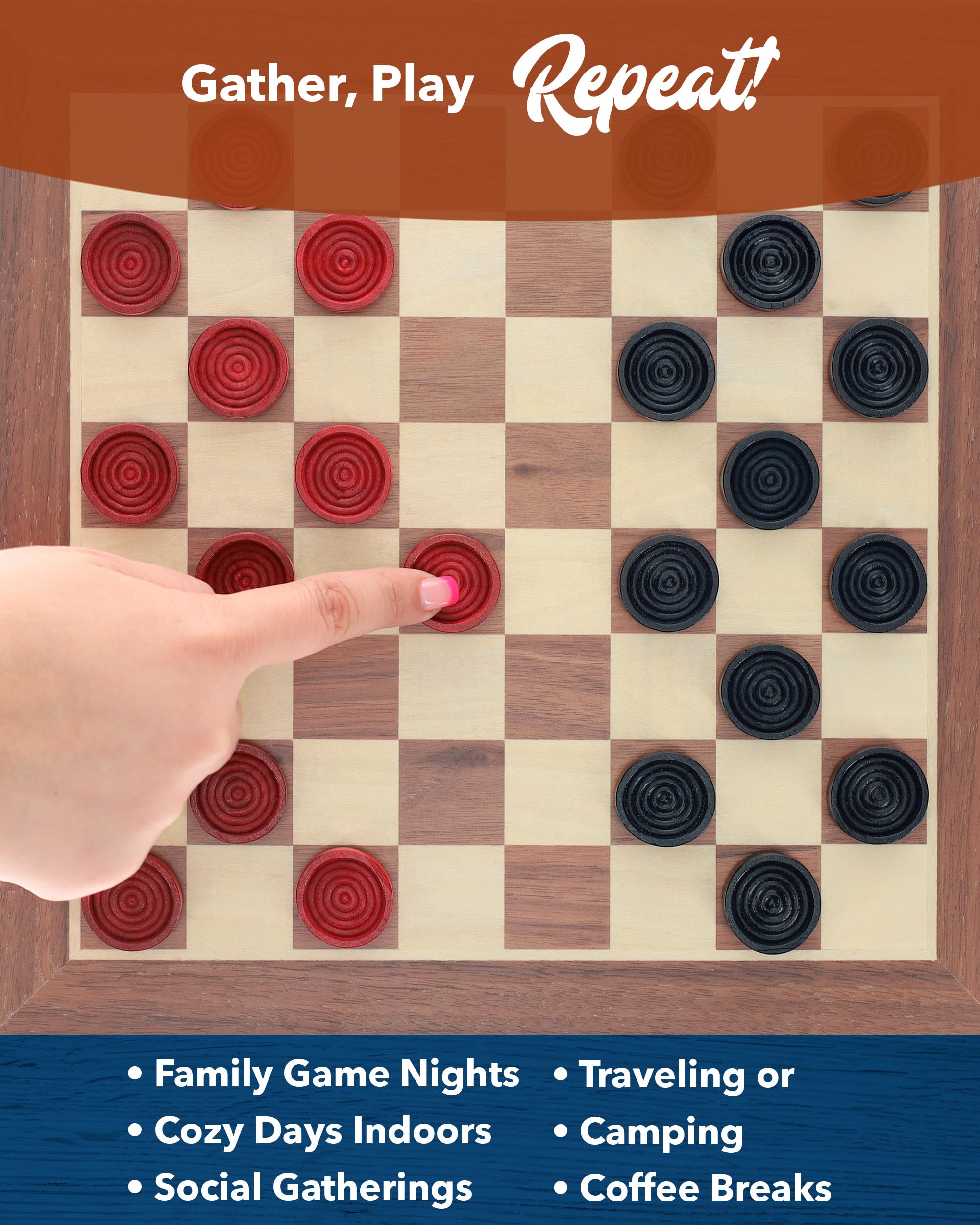 WE Games 24-count wooden checkers pieces ready for a game
