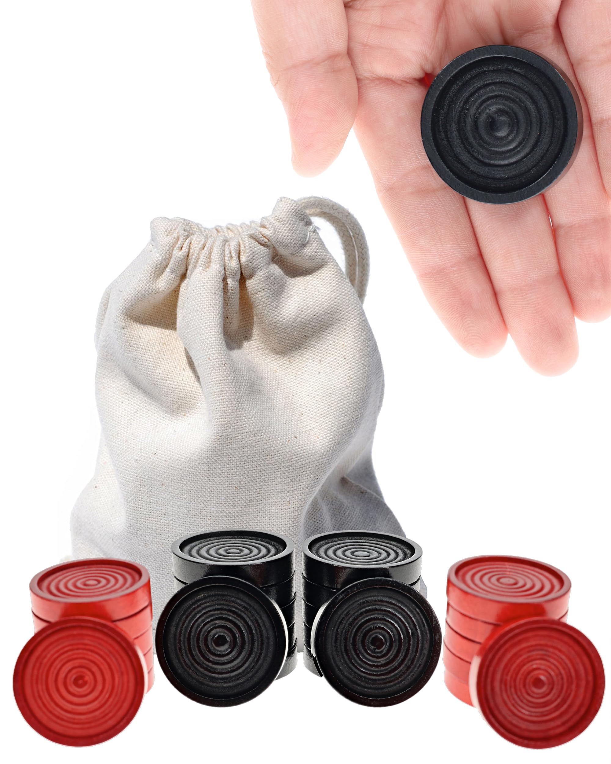 WE Games wooden checkers pieces in red and black with ridged edges for easy stacking