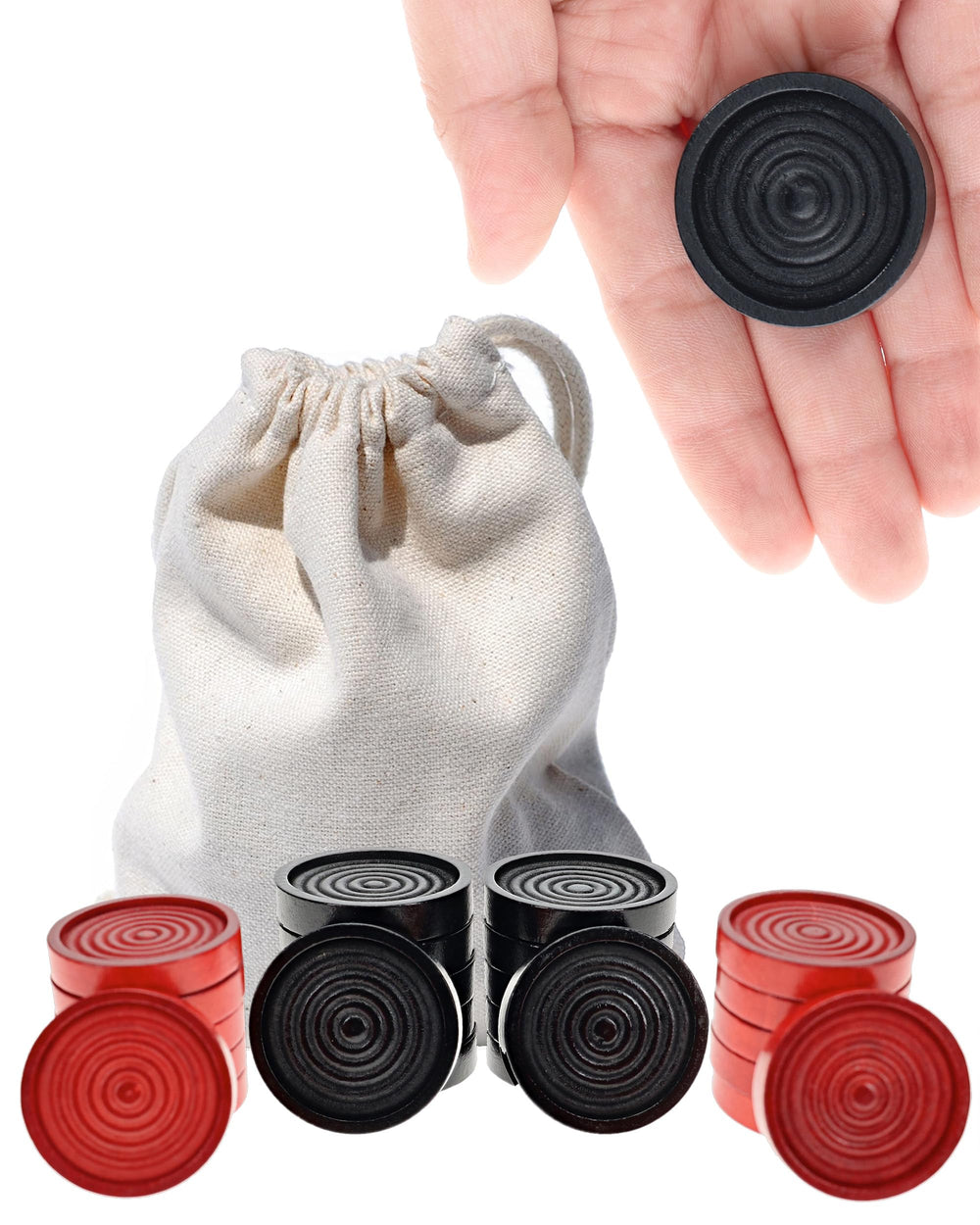 WE Games wooden checkers pieces in red and black with ridged edges for easy stacking