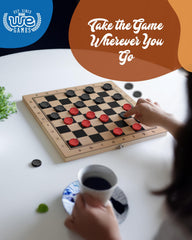 WE Games red and black checkers shown side by side on a table