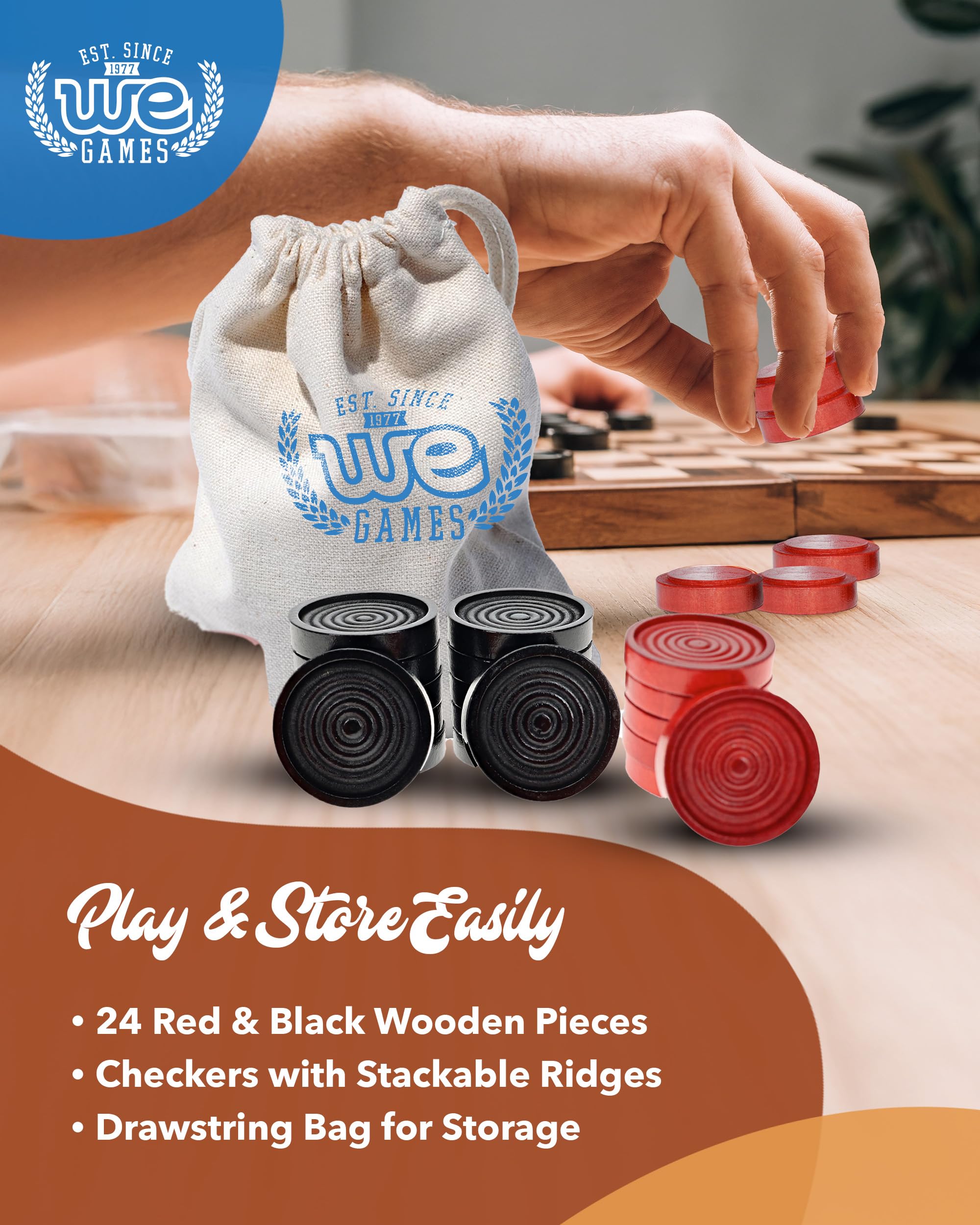 WE Games checkers pieces with ridges for stable stacking during play