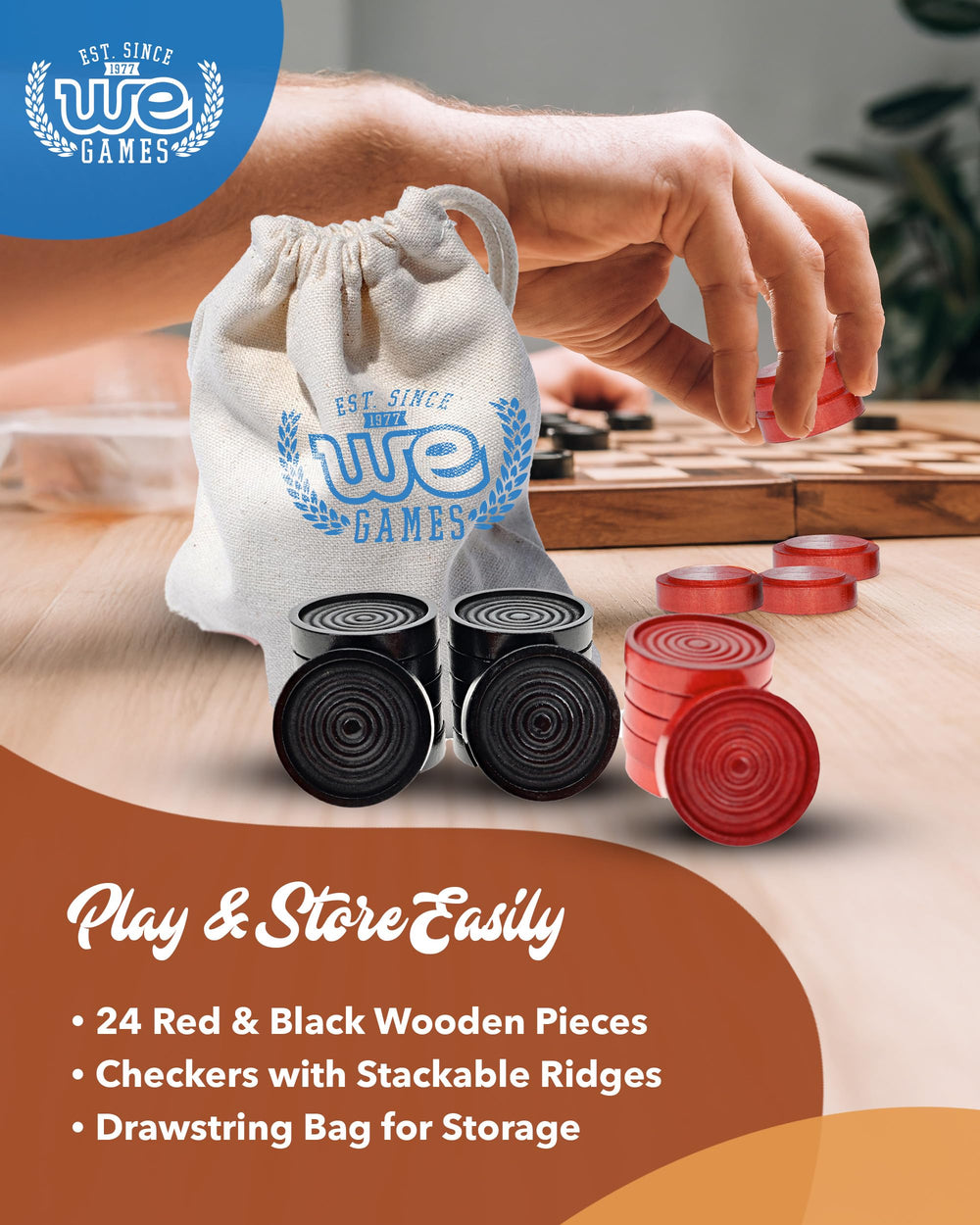 WE Games checkers pieces with ridges for stable stacking during play
